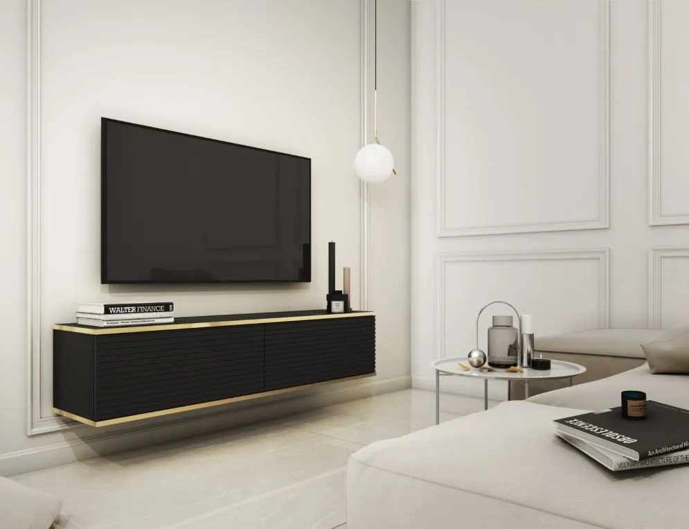 Szafka RTV KARL 3D 135cm wisząca/stojąca czarny mat ryflowana I sklep meblowy MIRAT. styl GLAMOUR, LOFT