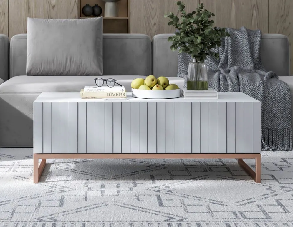 Stolik kawowy TAL 3D 110x54cm biały mat/gold do salonu I sklep meblowy MIRAT. styl GLAMOUR, RYFLOWANY kolekcja TAL