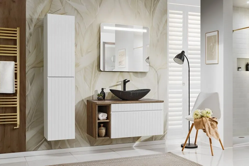 Szafka pod umywalkę ICONIC WHITE 60cm + SANTA FE OAK 81-01-A ryflowane fronty zestaw z blatem I sklep meblowy MIRAT. styl RYFLOWANY
