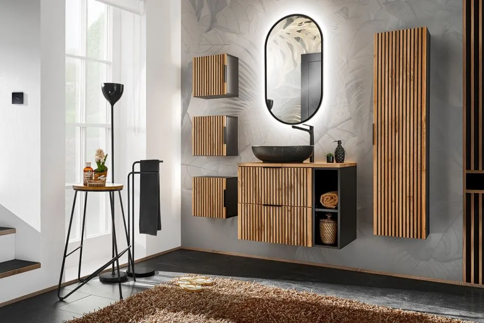 Szafka pod umywalkę BLACK WOTAN 82 60cm czarna/dąb ryflowane fronty I sklep meblowy MIRAT. styl LOFT, RYFLOWANY