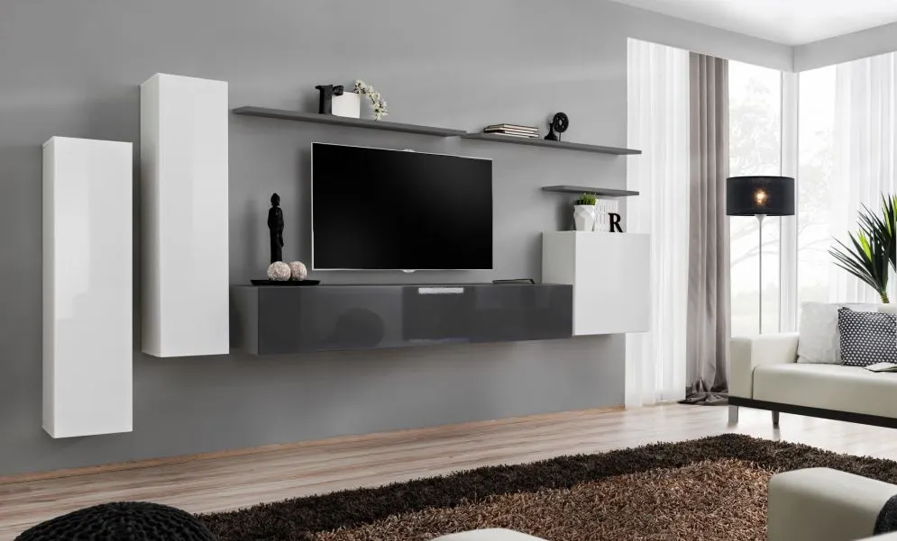 Meblościanka SWITCH I na wysoki połysk z podwieszanymi witrynami | MIRAT. kolekcja SWITCH