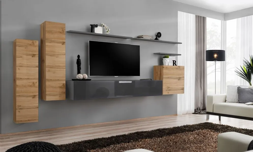 Meblościanka SWITCH I na wysoki połysk z podwieszanymi witrynami | MIRAT. kolekcja SWITCH