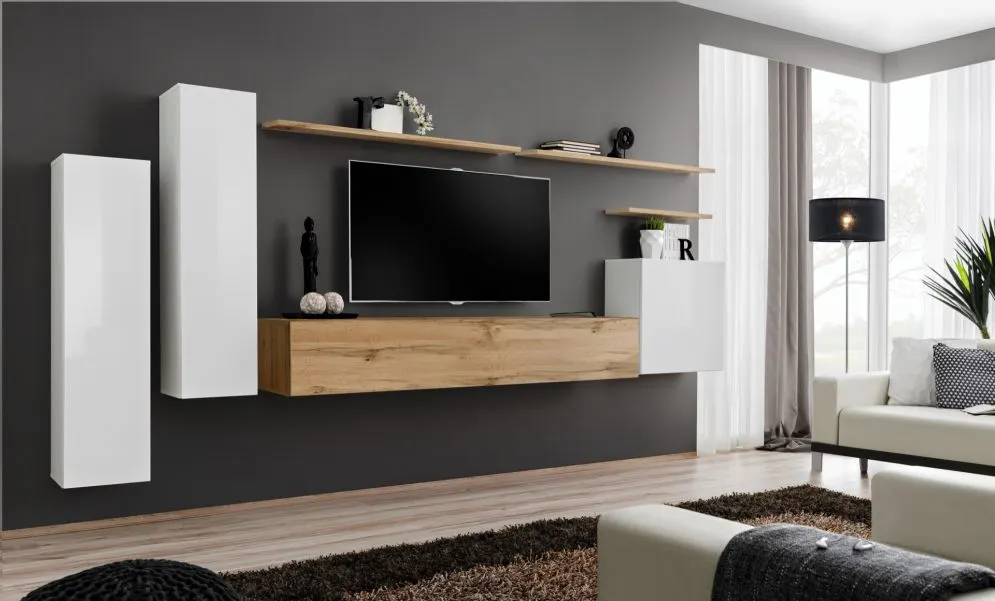 Meblościanka SWITCH I na wysoki połysk z podwieszanymi witrynami | MIRAT. kolekcja SWITCH