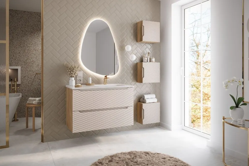 Szafka pod umywalkę OCEAN BEIGE 82-60-2S 60cm dąb olejowany/beżowa z frontami 3D I sklep meblowy MIRAT. styl GLAMOUR