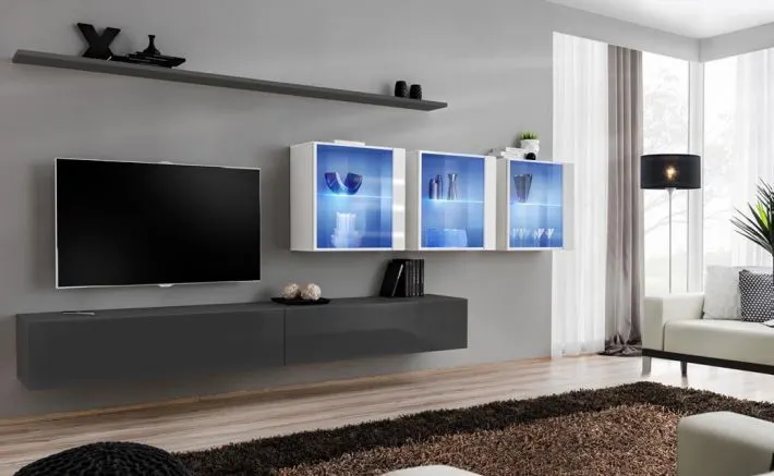 grafit biała meblościanka wisząca z podświetlanymi witrynami SWITCH XVII