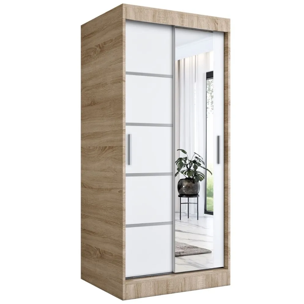 Szafa przesuwna MODUO COMFORT 2 90 dąb sonoma/biała mat z jednym lustrem | MIRAT. w stylu kolekcja MODUO COMFORT