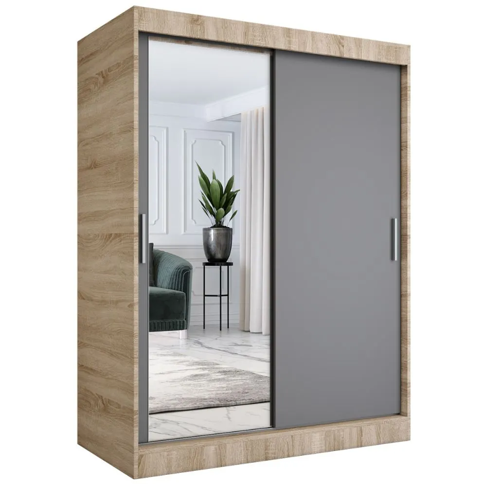 Szafa przesuwna MODUO COMFORT 150 dąb sonoma/antracyt z lustrem z lewej do sypialni | MIRAT. w stylu kolekcja MODUO COMFORT