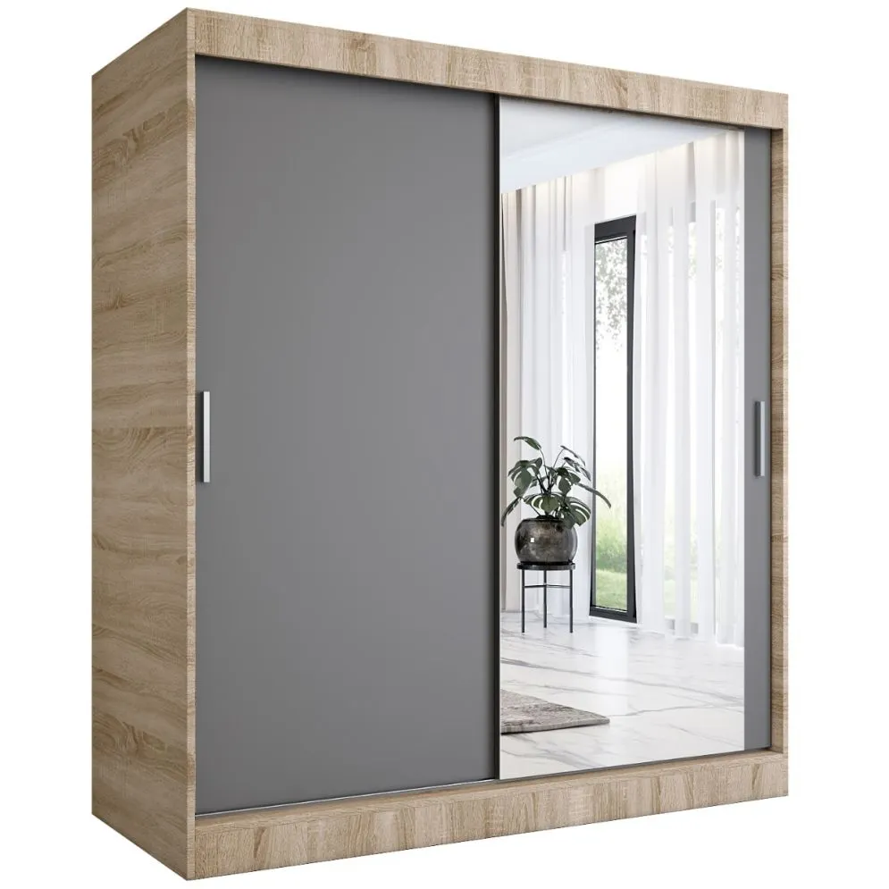 Szafa przesuwna MODUO COMFORT 180 dąb sonoma/antracyt z lustrem do sypialni | MIRAT.  kolekcja MODUO COMFORT