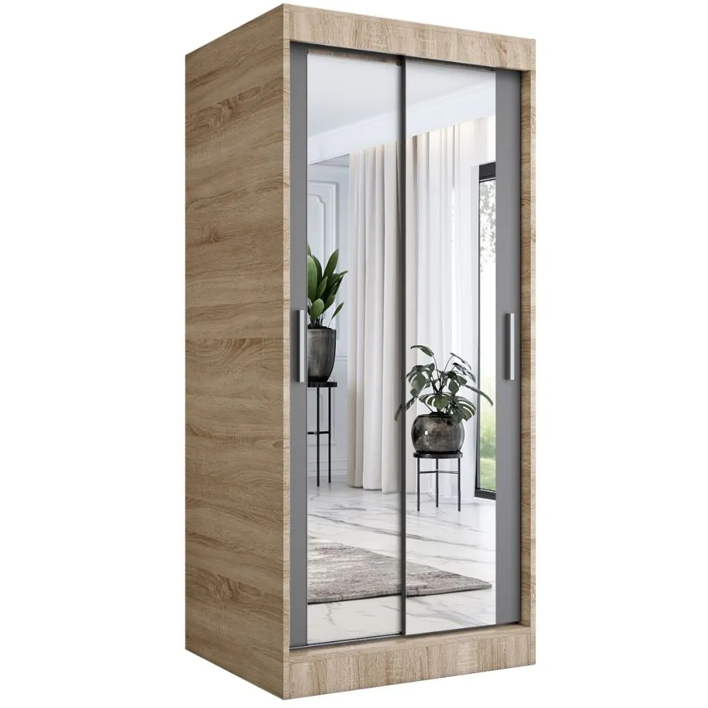 Szafa przesuwna MODUO COMFORT 90 dąb sonoma/antracyt z dwoma lustrami do sypialni | MIRAT. w stylu  kolekcja MODUO COMFORT