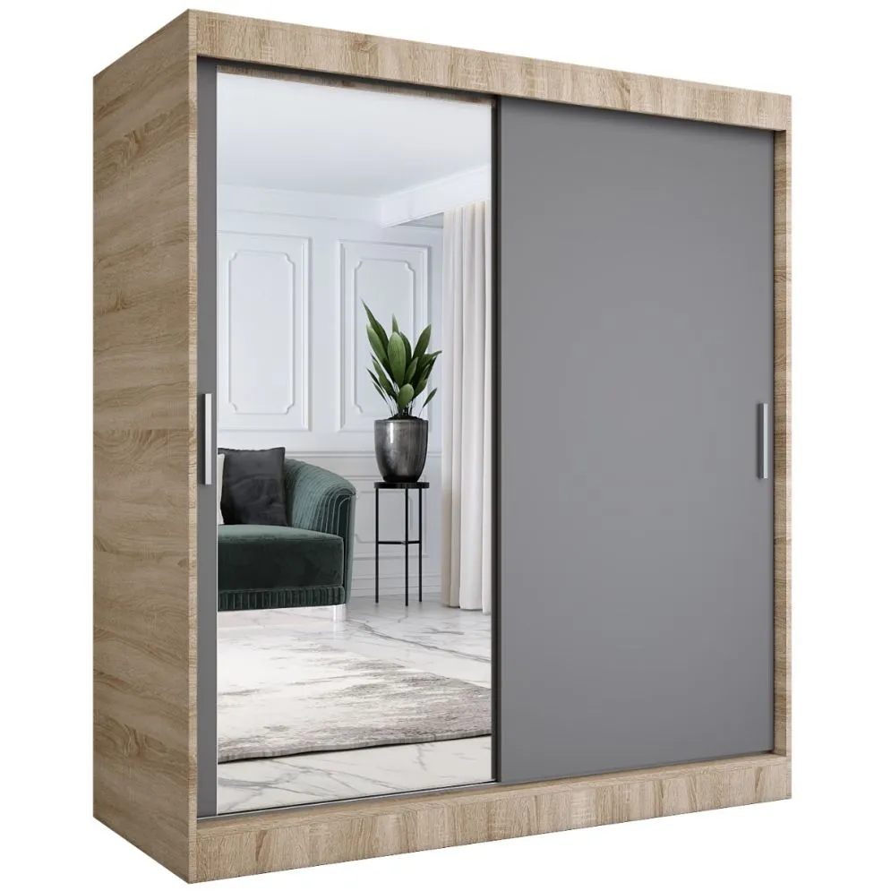 Szafa przesuwna MODUO COMFORT 180 dąb sonoma/antracyt z lustrem z lewej do sypialni | MIRAT. kolekcja MODUO COMFORT