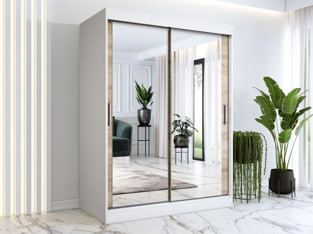 Szafa przesuwna MODUO COMFORT 150 biała mat/dąb sonoma z dwoma lustrami | MIRAT. w stylu kolekcja MODUO COMFORT