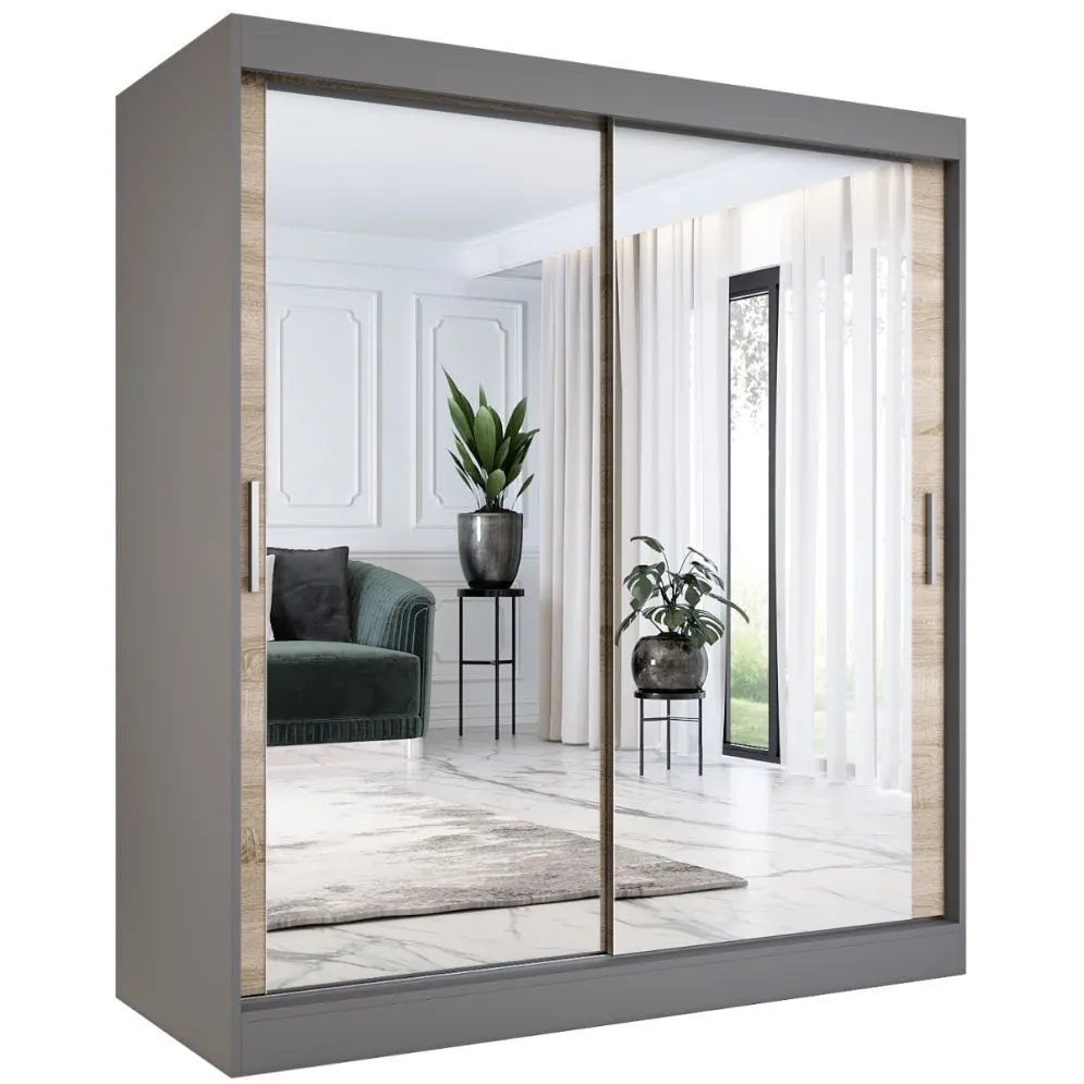 Szafa przesuwna MODUO COMFORT 180 antracyt/dąb sonoma z dwoma lustrami do sypialni | MIRAT. kolekcja MODUO COMFORT