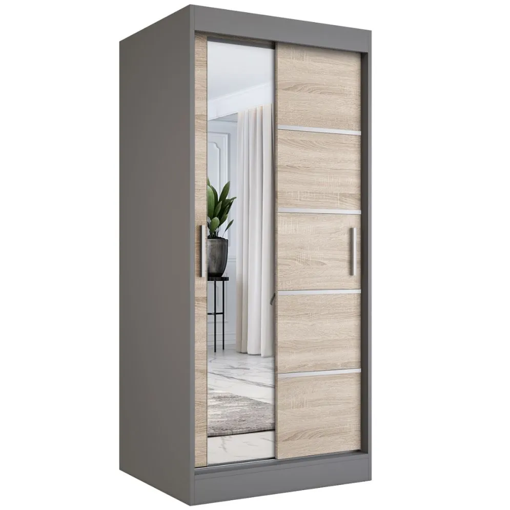 Szafa przesuwna MODUO COMFORT 3 90 antracyt/dąb sonoma z lustrem | MIRAT. w stylu  kolekcja MODUO COMFORT