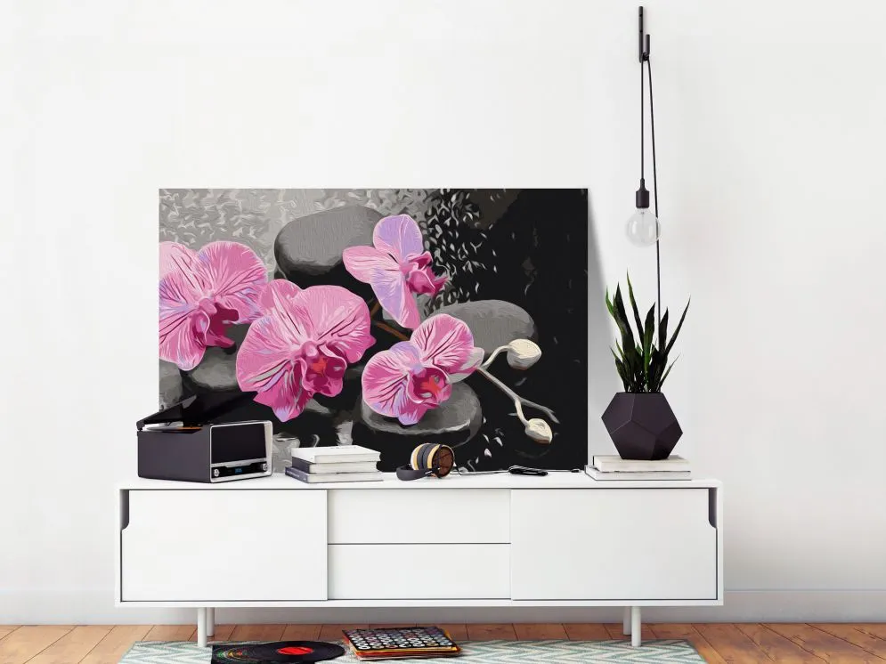 Obraz do samodzielnego malowania - Orchidea i kamienie zen (czarne tło) | MIRAT. w stylu  kolekcja