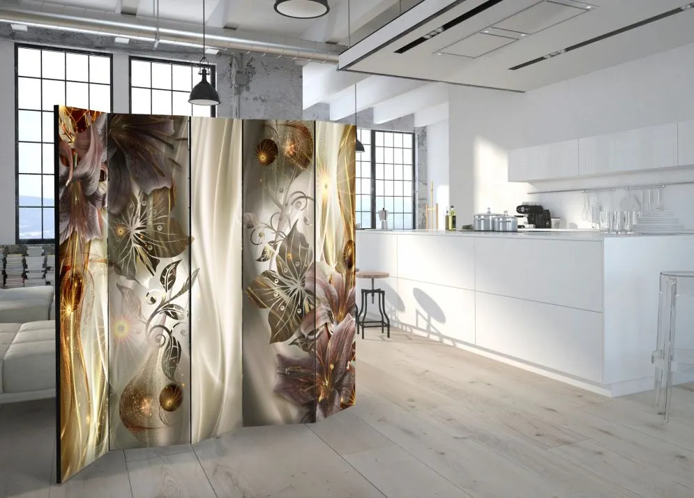 Parawan dwustronny Kwiaty 225x172 cm 5-częściowy brązowy | MIRAT.