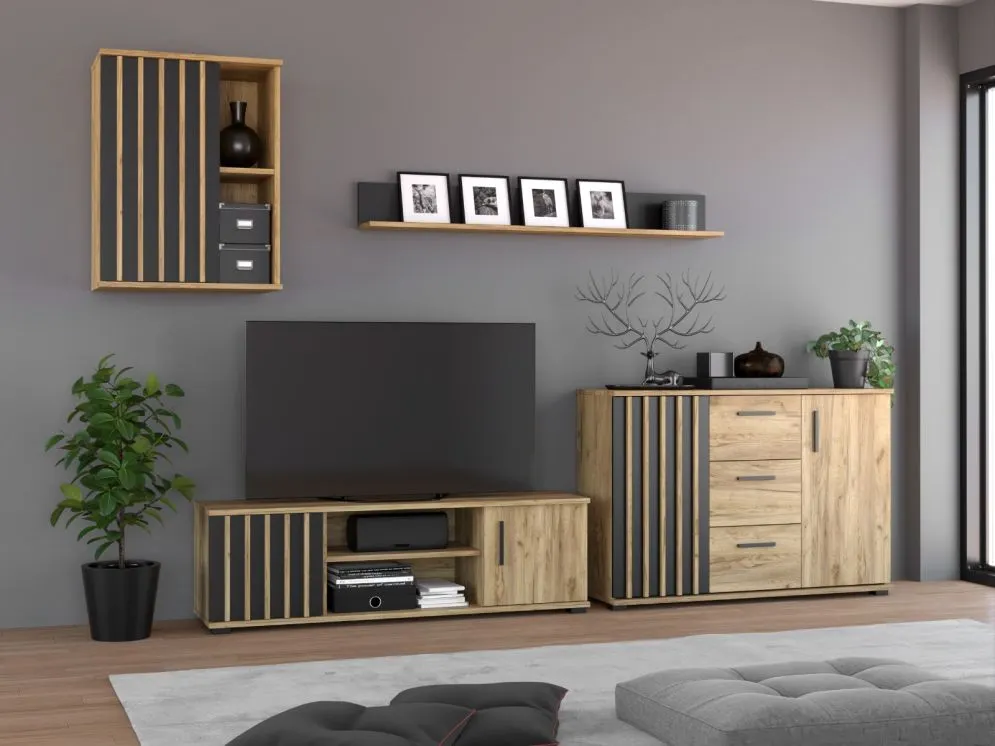 Meblościanka KALI 03 czarna/dąb craft z lamelami I sklep meblowy MIRAT. styl LOFT, RYFLOWANY