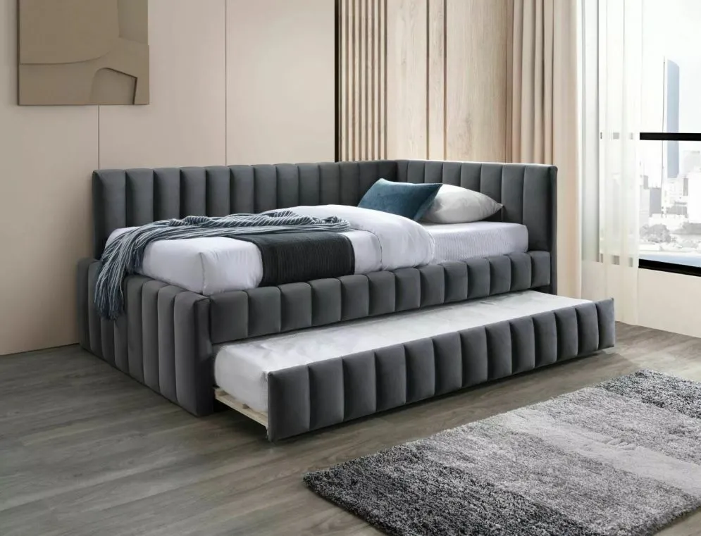 Łóżko tapicerowane ALFIE VELVET 120x200 szare w stylu glamour I sklep meblowy MIRAT. styl GLAMOUR