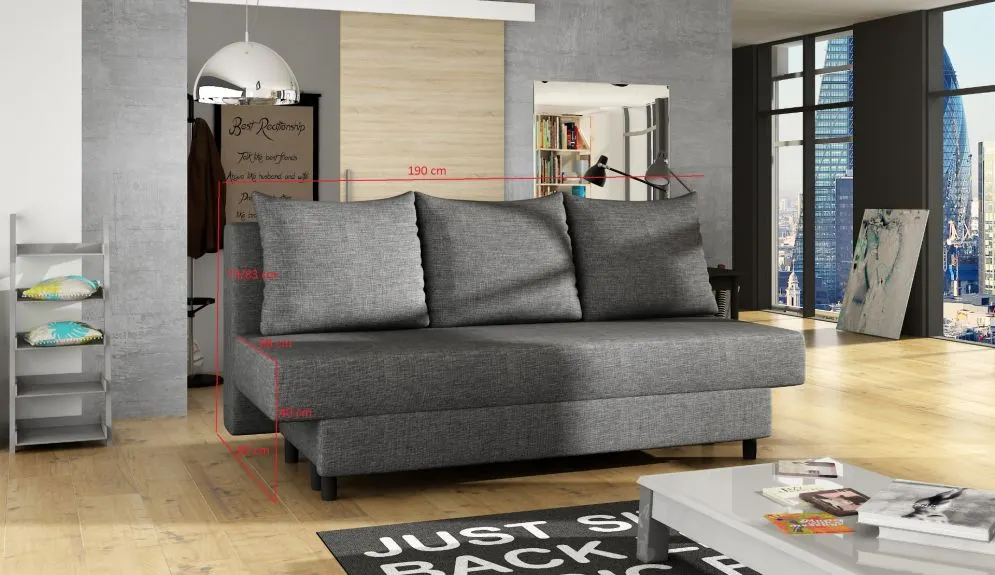 Sofa rozkładana z funkcją spania AMAZA szara z pojemnikiem na pościel | MIRAT.