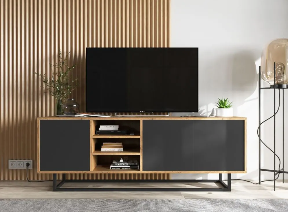 Szafka RTV NILA 1 150 dąb wotan/czarna mat z półkami | MIRAT. styl LOFT kolekcja NILA