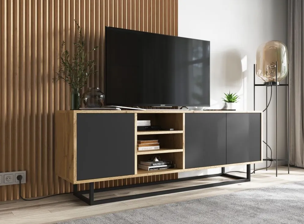 Szafka RTV NILA 1 150 dąb wotan/czarna mat z półkami | MIRAT. styl LOFT kolekcja NILA