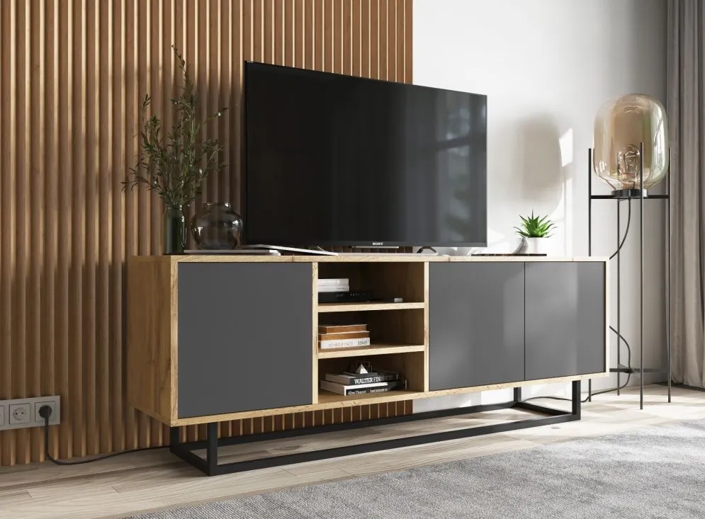 Szafka RTV NILA 1 150 dąb wotan/grafit mat z półkami | MIRAT. styl LOFT kolekcja NILA