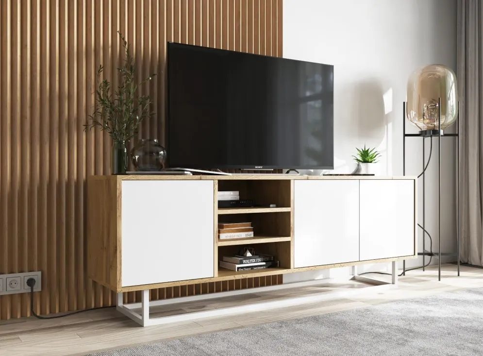 Szafka RTV NILA 1 150 dąb wotan/biała mat z półkami | MIRAT. styl LOFT kolekcja NILA