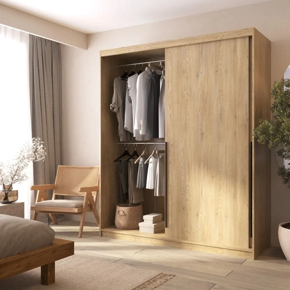 Szafa przesuwna SELLY BOX 180cm dąb bielony z szufladami, półkami i drążkami I sklep meblowy MIRAT.