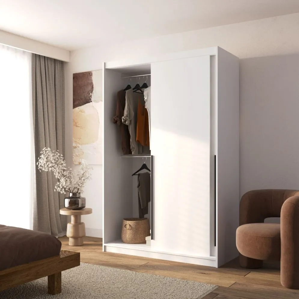 Szafa przesuwna SELLY BOX 140cm biała mat z szufladami, półkami i drążkami I sklep meblowy MIRAT.