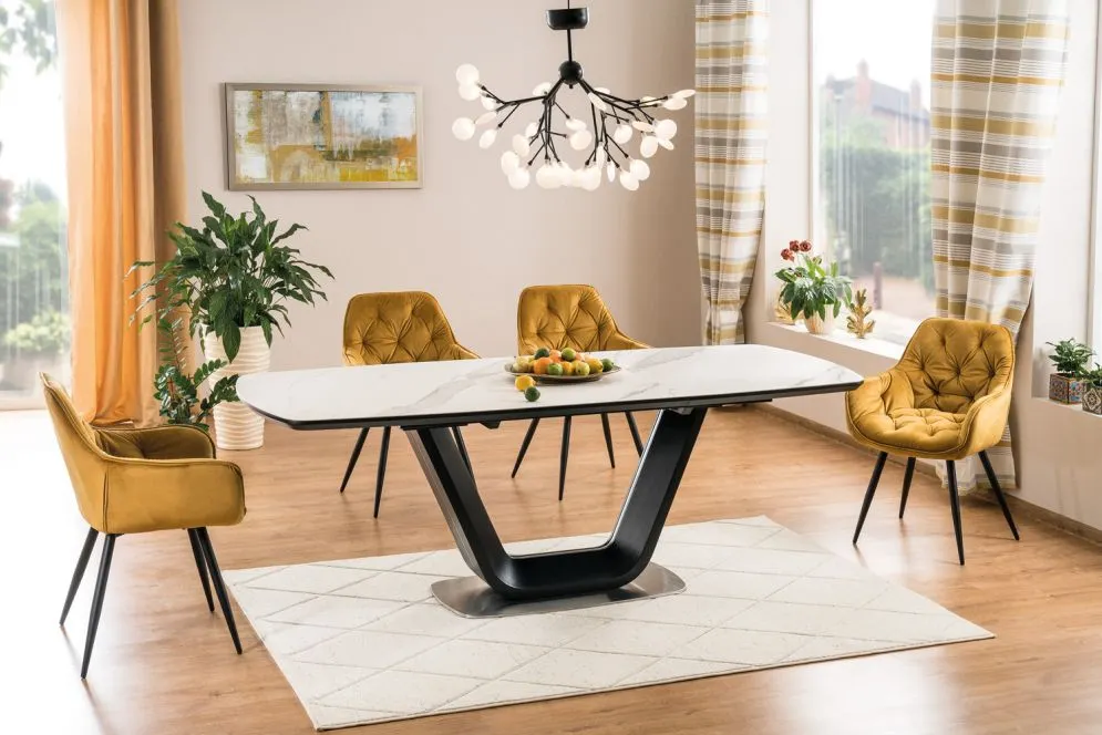 Elegancki stół rozkładany duży czarno biały marmurowy z czarną podstawą ARMANI CERAMIC