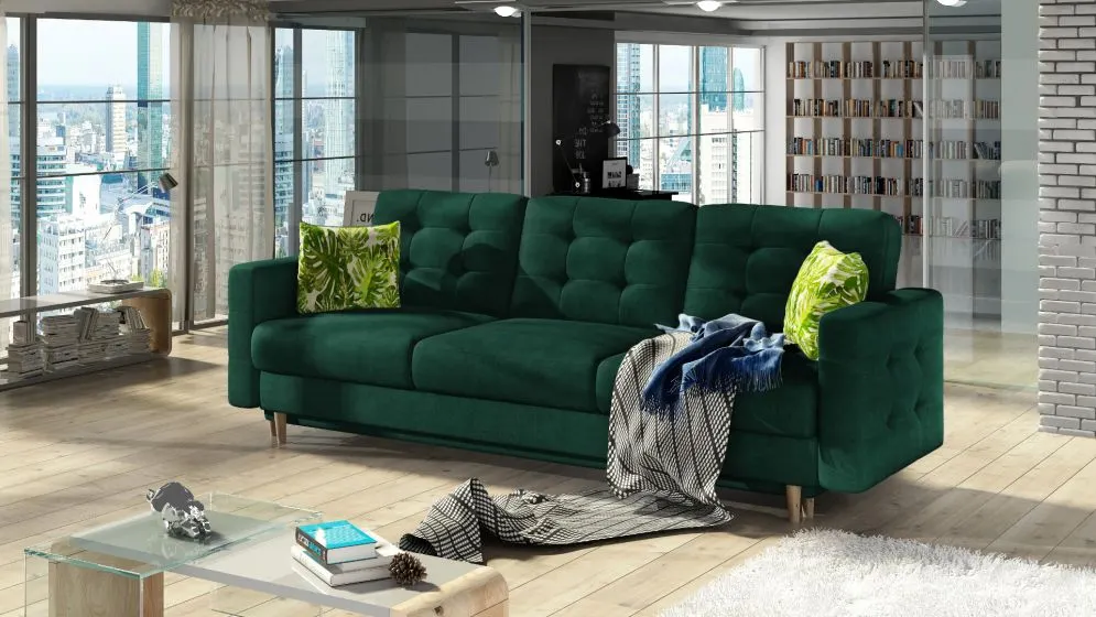 Sofa rozkładana z funkcją spania ASGARD VELVET zielona w stylu skandynawskim | MIRAT. styl GLAMOUR, SKANDYNAWSKI