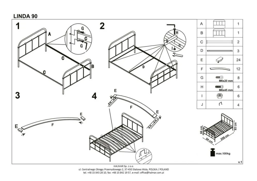 Łóżko LINDA 90x200 czarne metalowe jednoosobowe | MIRAT. styl LOFT