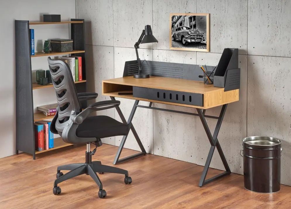 Biurko B43 dąb złoty/czarne z przesuwnymi frontami | MIRAT. styl LOFT