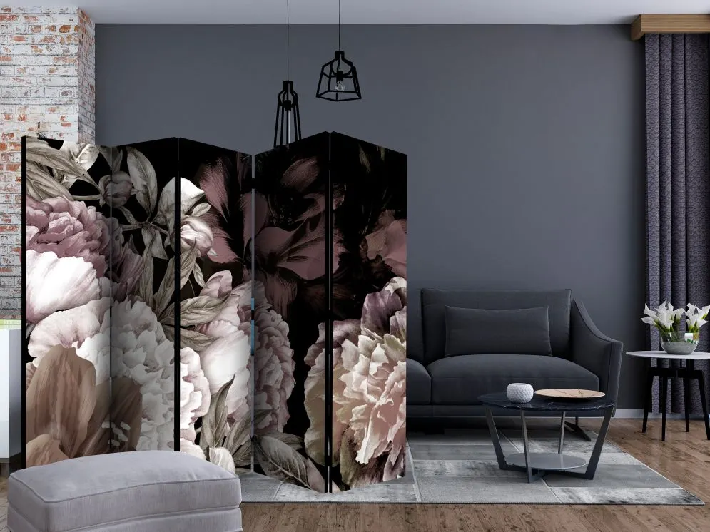 Parawan jednostronny Kwiaty 225x172 cm 5-częściowy czarny | MIRAT.