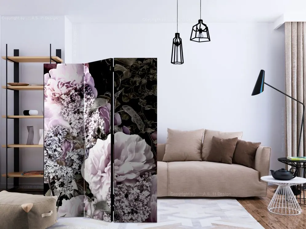 Parawan dwustronny Kwiaty 135x172 cm 3-częściowy czarny | MIRAT.