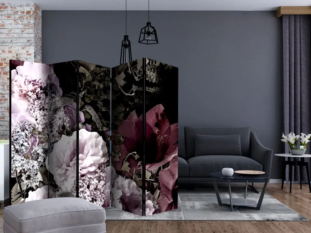 Parawan akustyczny Kwiaty 225x172 cm 3-częściowy czarny | MIRAT.