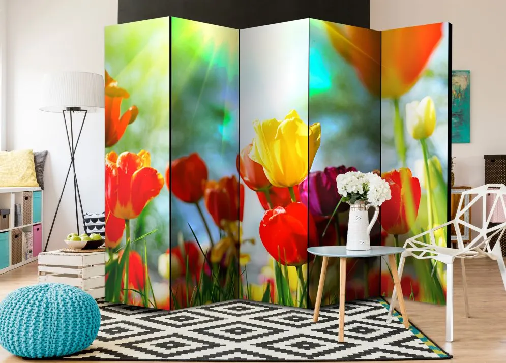 Parawan akustyczny Kwiaty 225x172 cm 5-częściowy szary | MIRAT.