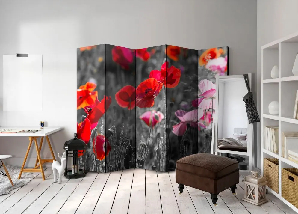 Parawan akustyczny Kwiaty 225x172 cm 5-częściowy szary | MIRAT.