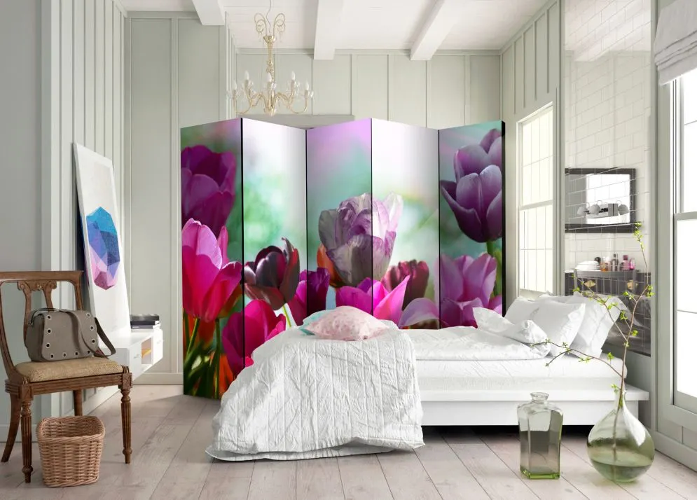 Parawan jednostronny Kwiaty 225x172 cm 5-częściowy szary | MIRAT.