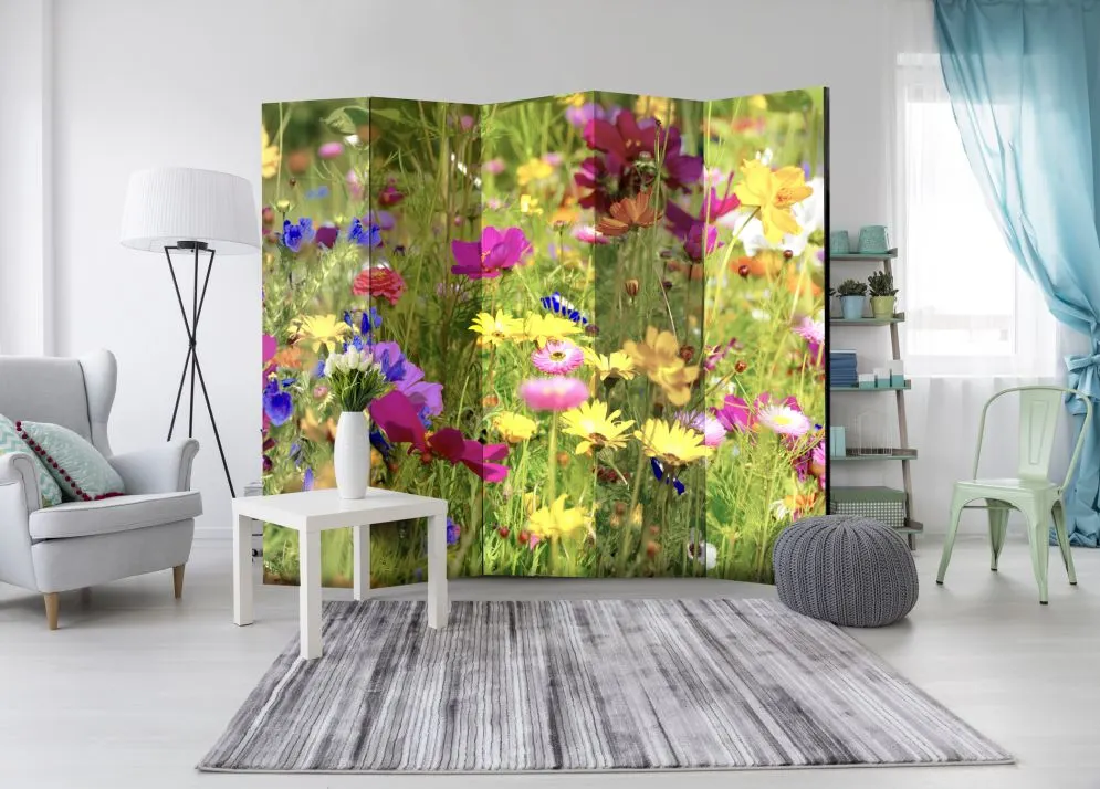 Parawan jednostronny Kwiaty 225x172 cm 5-częściowy żółty | MIRAT.