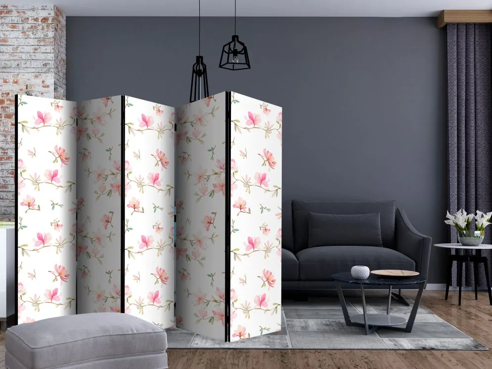 Parawan jednostronny Kwiaty 225x172 cm 5-częściowy biały | MIRAT.