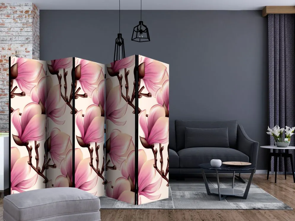 Parawan dwustronny Kwiaty 225x172 cm 5-częściowy beżowy | MIRAT.
