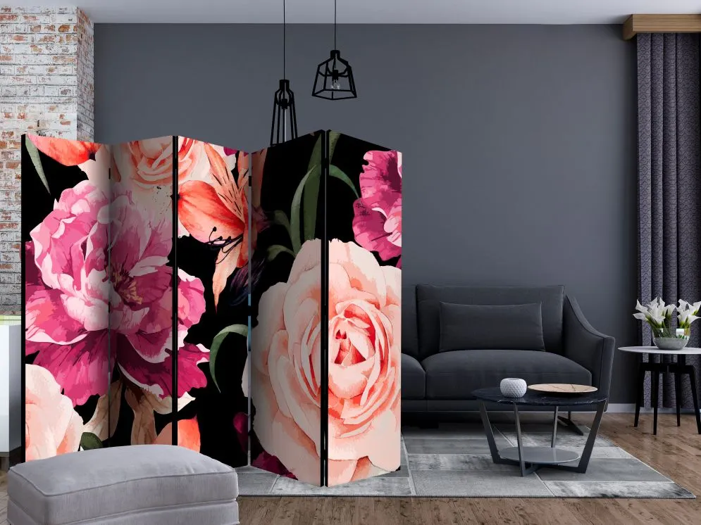 Parawan jednostronny Kwiaty 225x172 cm 5-częściowy czarny | MIRAT.