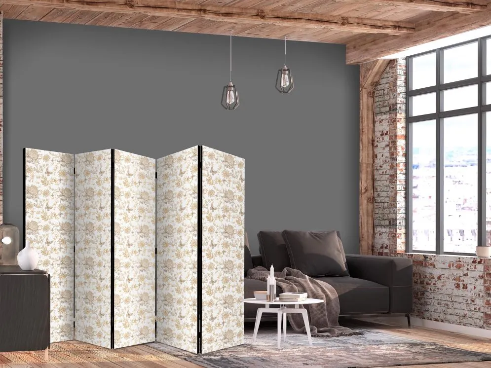 Parawan dwustronny Kwiaty 225x172 cm 5-częściowy biały | MIRAT.
