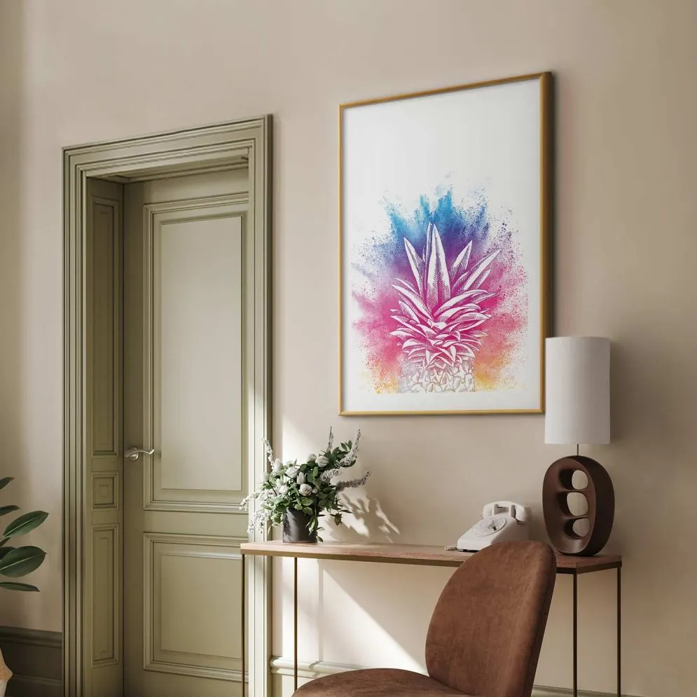 Plakat Kolorowy ananas 40x60 cm z ramą złotą z marginesem | MIRAT.