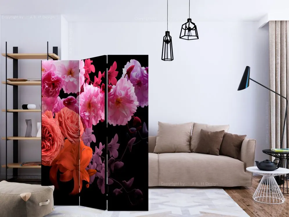 Parawan akustyczny Kwiaty 135x172 cm 3-częściowy czarny | MIRAT.