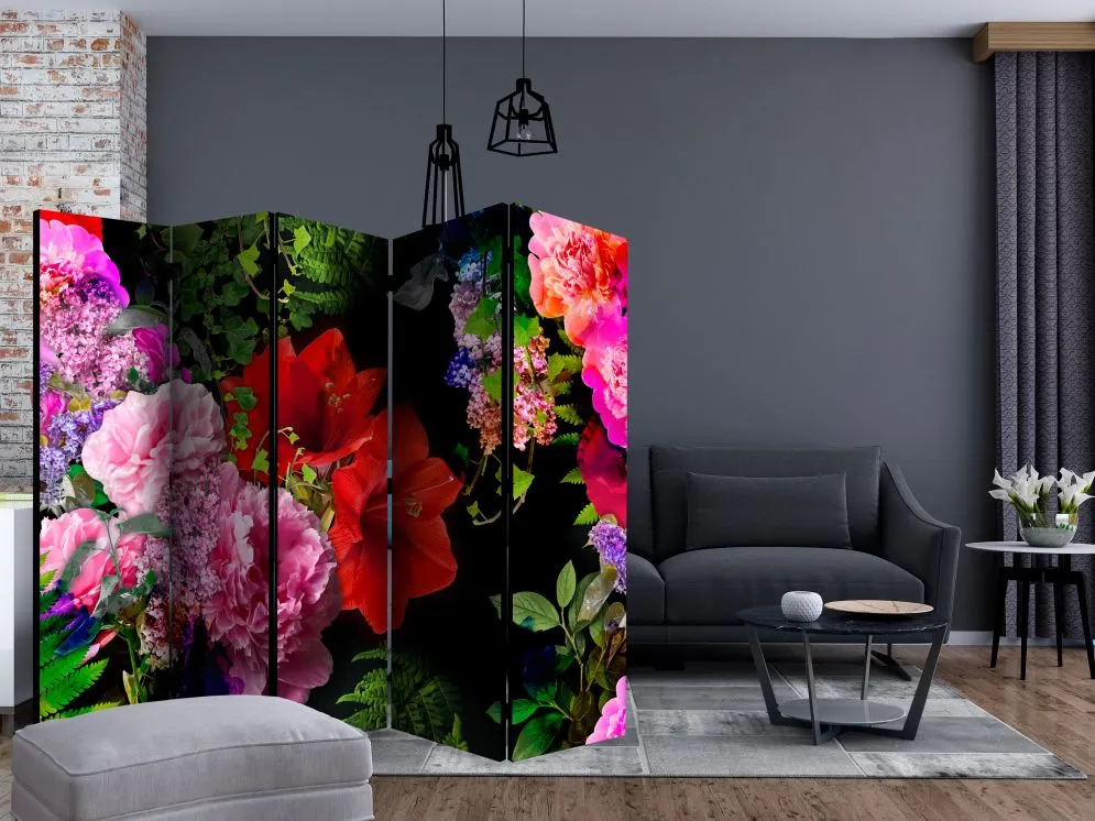 Parawan dwustronny Kwiaty 225x172 cm 5-częściowy czarny | MIRAT.