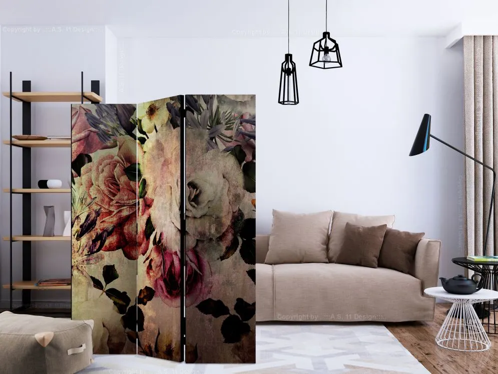 Parawan dwustronny Kwiaty 135x172 cm 3-częściowy czarny | MIRAT.