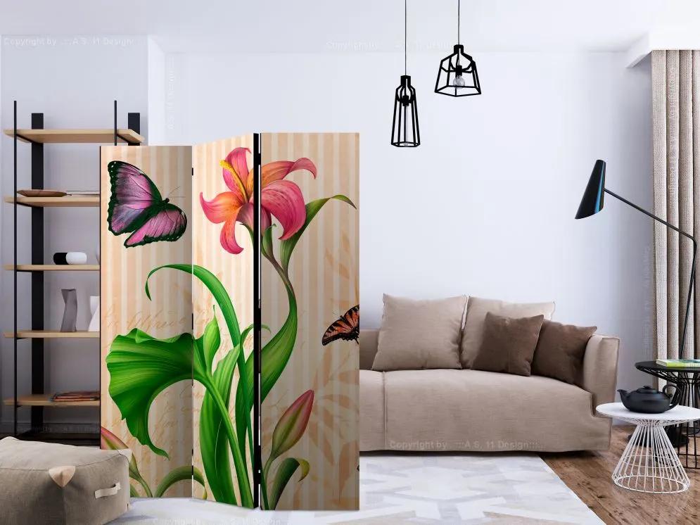 Parawan dwustronny Kwiaty 135x172 cm 3-częściowy beżowy | MIRAT.