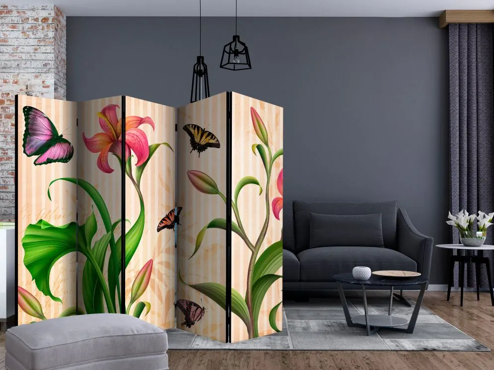 Parawan jednostronny Kwiaty 225x172 cm 5-częściowy beżowy | MIRAT.