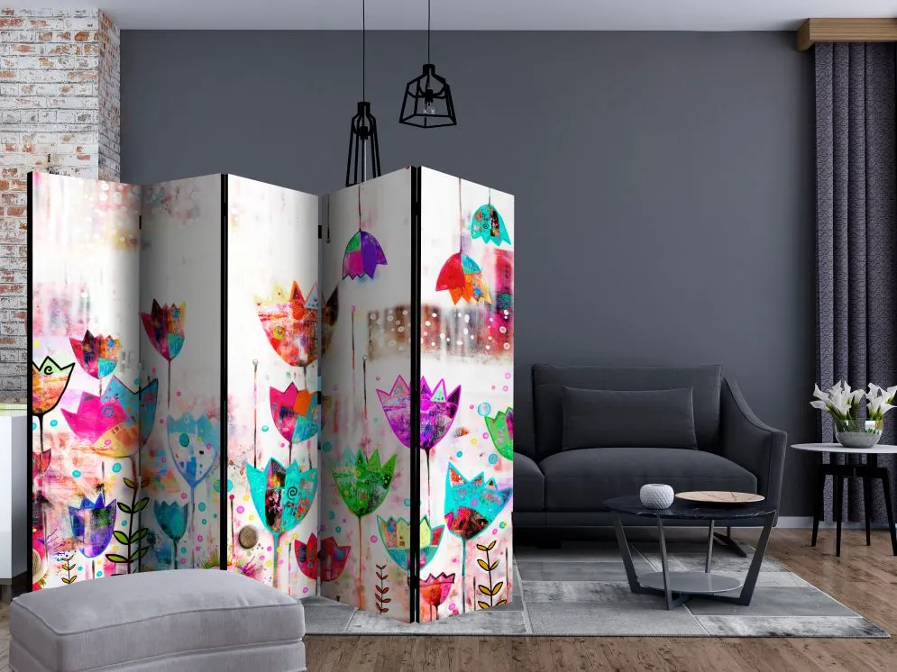 Parawan dwustronny Kwiaty 225x172 cm 3-częściowy turkusowy | MIRAT.